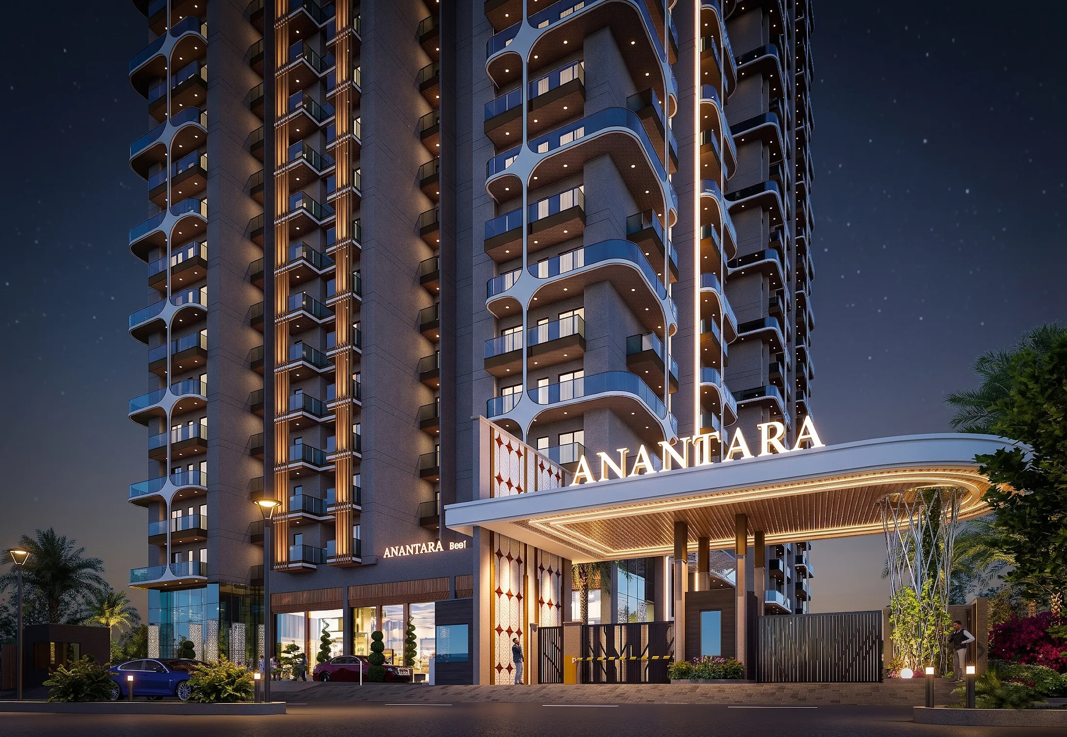 Illuminated entrance gate render for ANANTARA WORLD