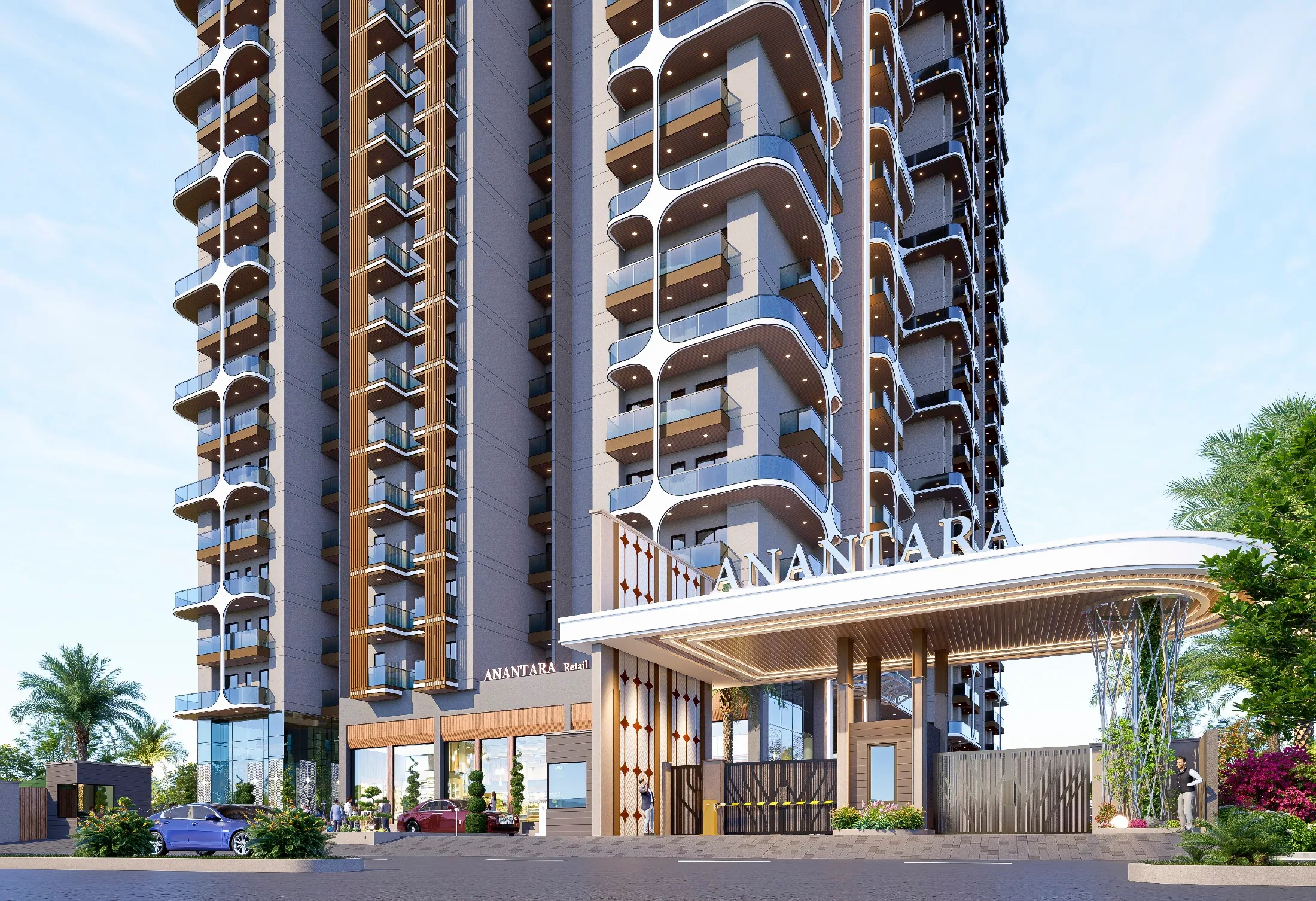 Close tower elevation showing balconies and the arrival canopy