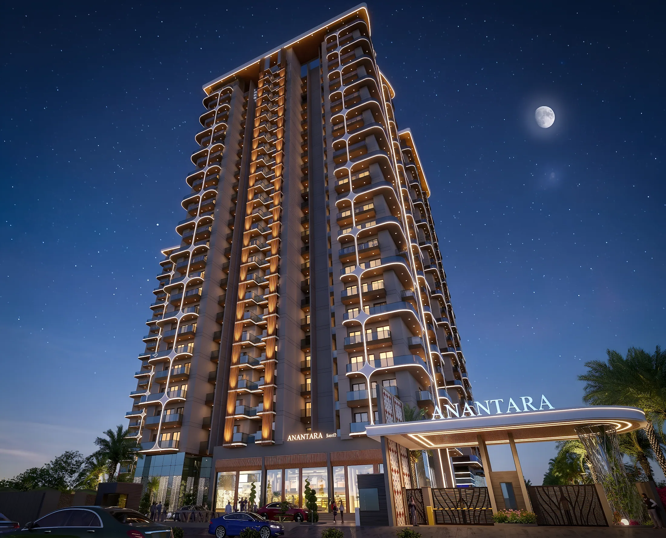 Night render of an ANANTARA WORLD residential tower and arrival canopy