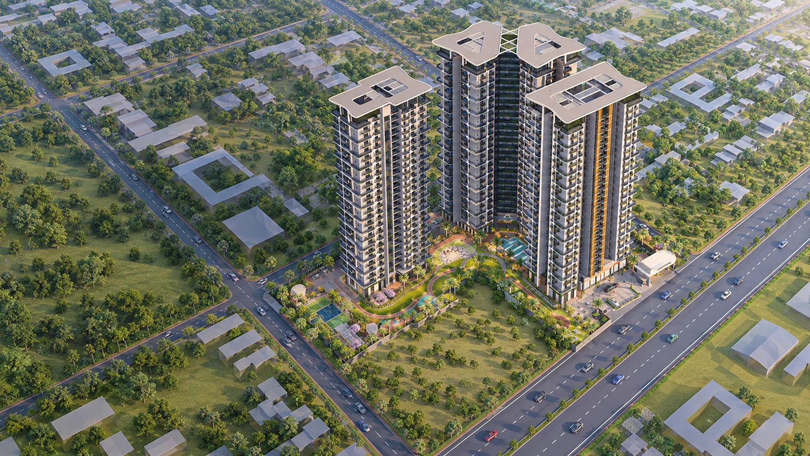 Wide aerial render showing the complete ANANTARA WORLD development, all three towers and landscaped grounds