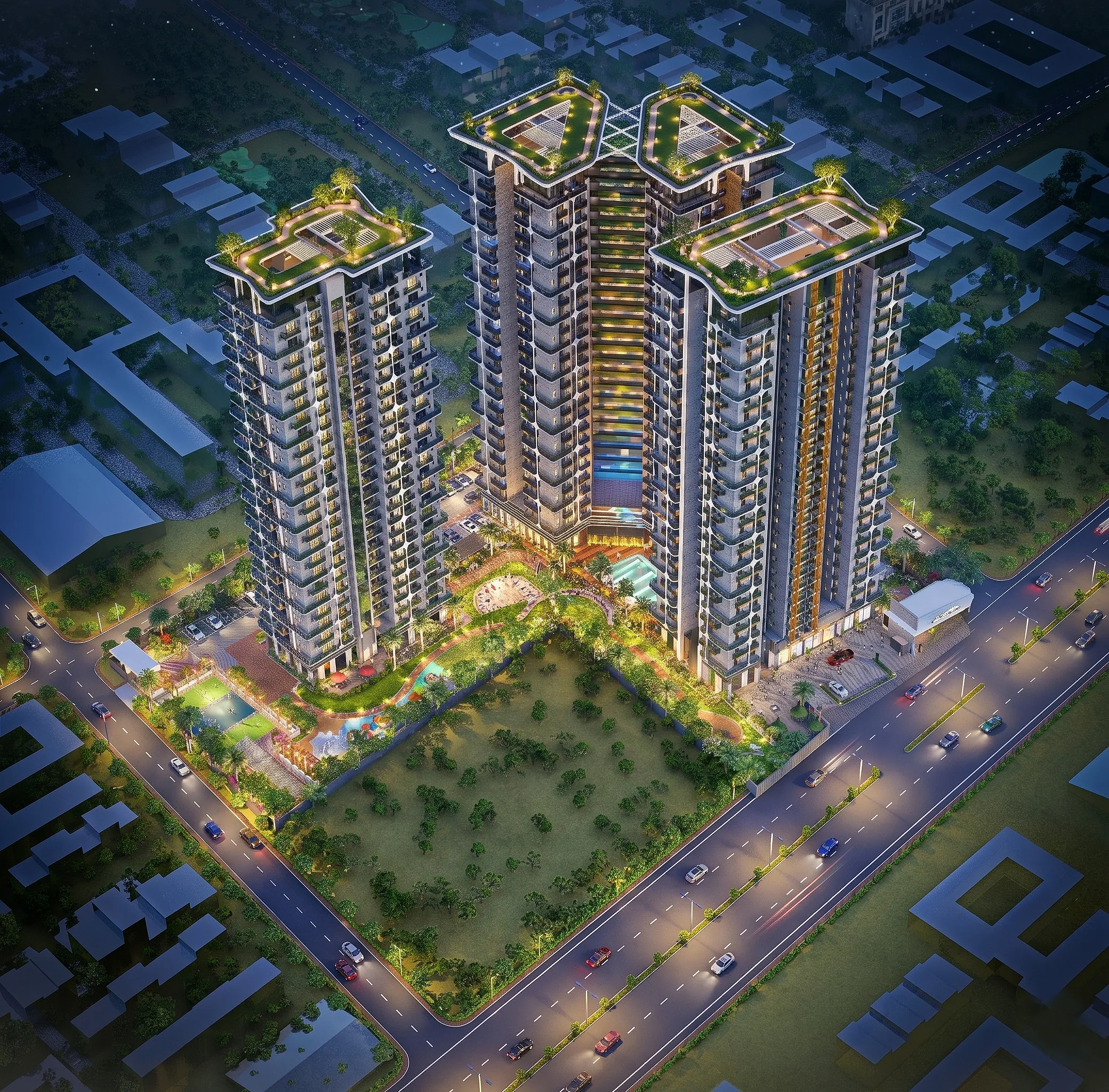 Aerial night render of ANANTARA WORLD towers and landscaped grounds