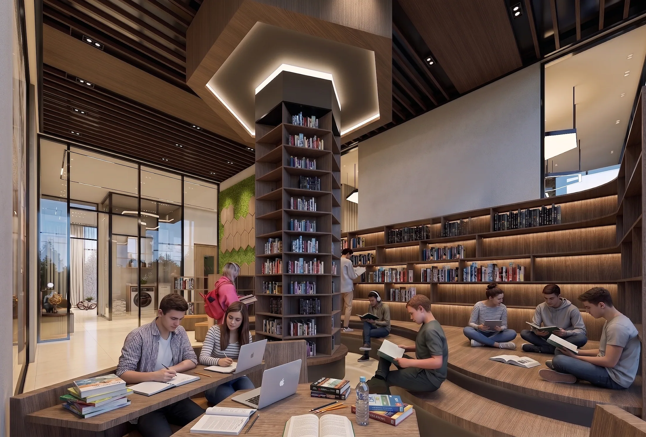 Library and social lounge render at ANANTARA WORLD