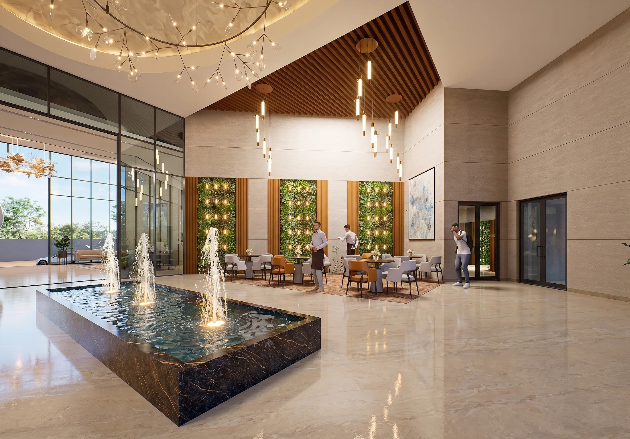 Refined residents' lobby interior render at ANANTARA WORLD