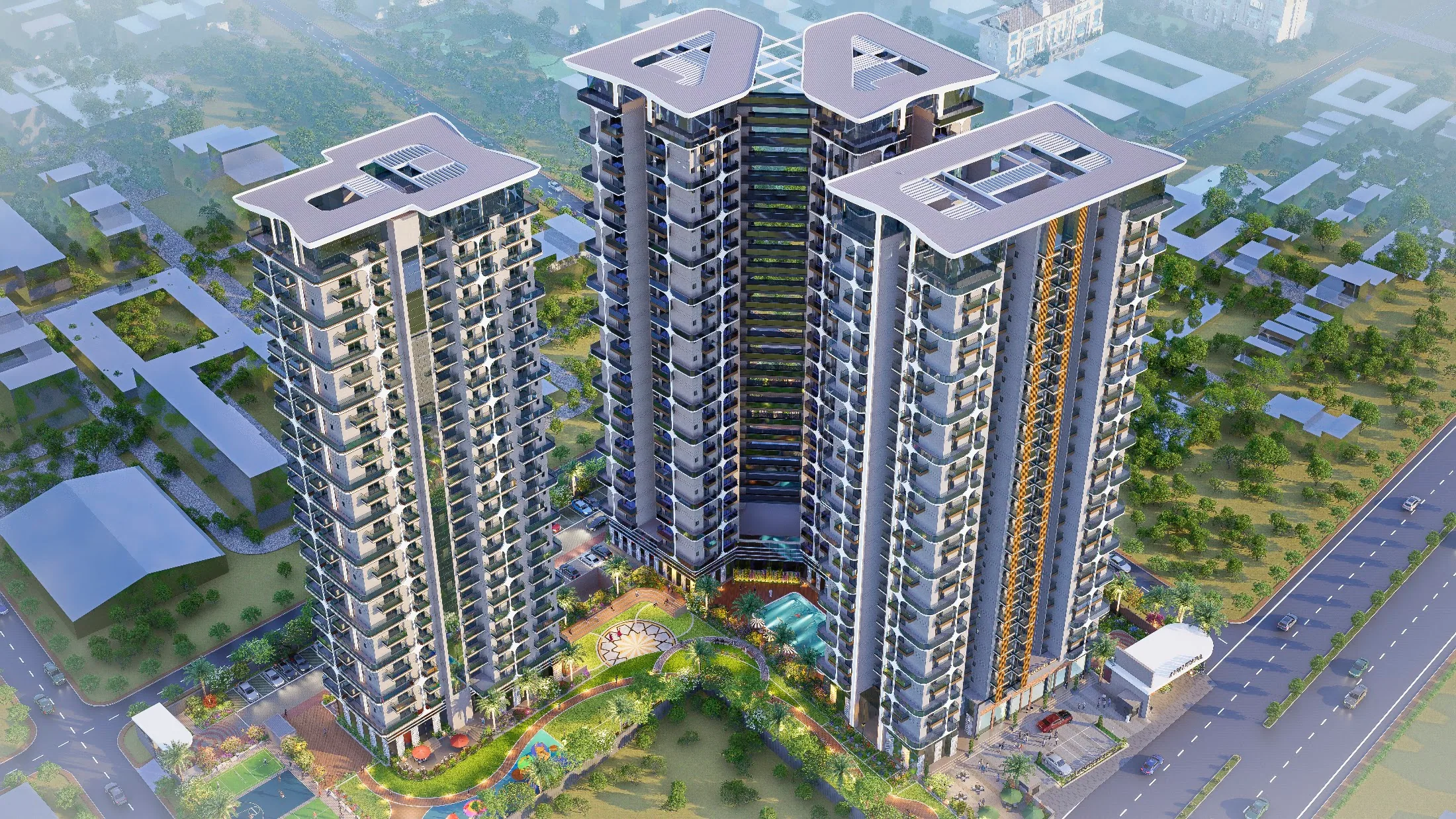 Aerial render showing the ANANTARA WORLD site in its neighbourhood