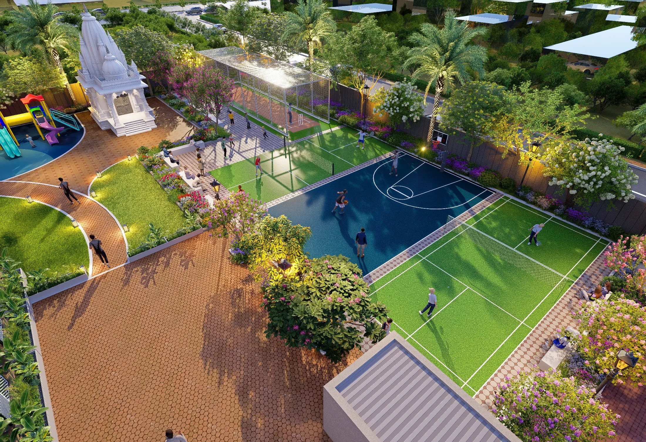 Aerial render of landscaped sports and recreation facilities